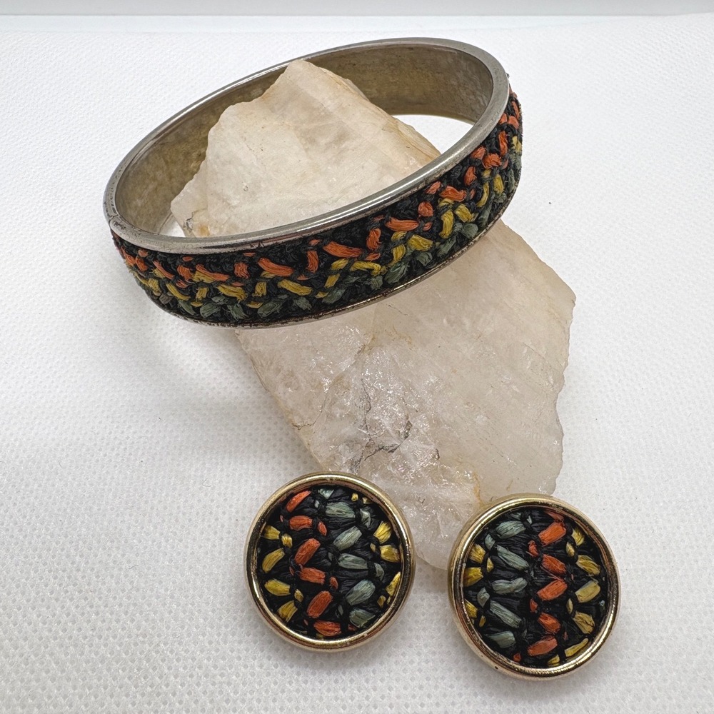 Sarah Coventry Vintage Woven Raffia Bangle Bracelet and Clip On Earrings Set